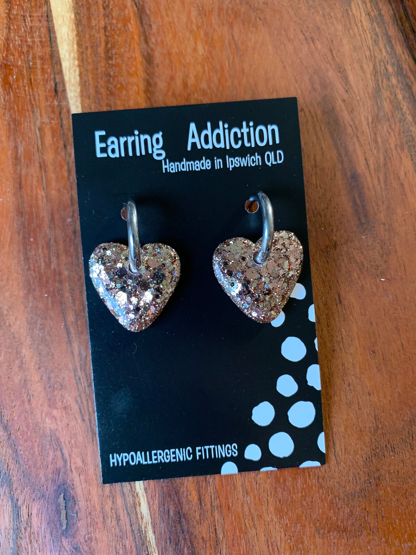 Rose gold 20mm glitter heart huggy dangles