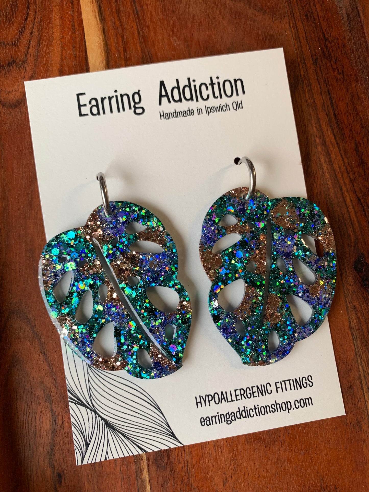 Blue green gold 70mm monstera glitter dangles