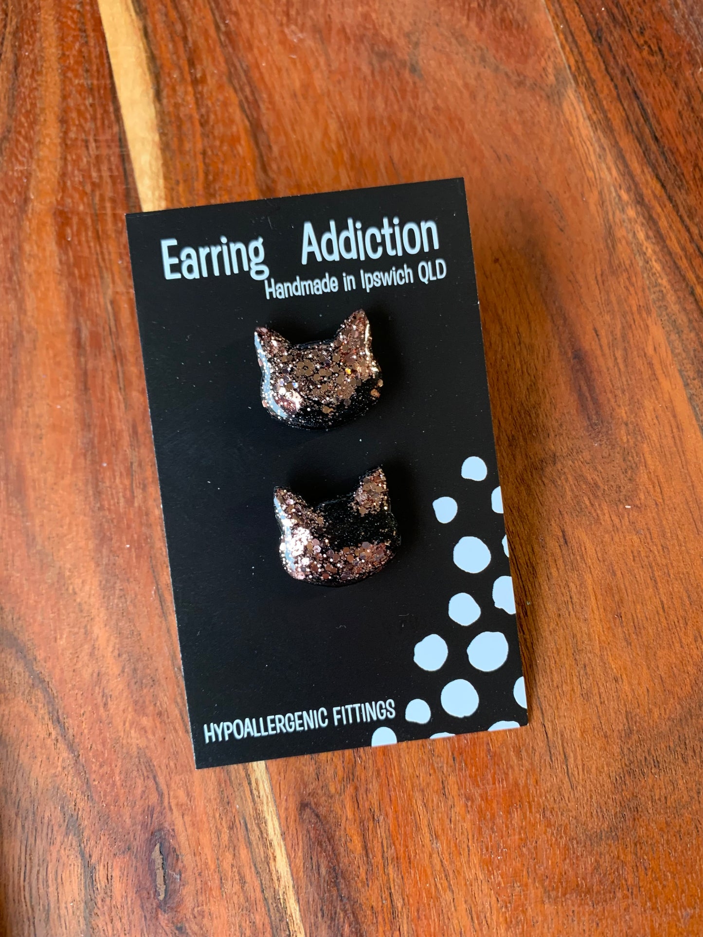 Black rose gold 20mm glitter kitty studs