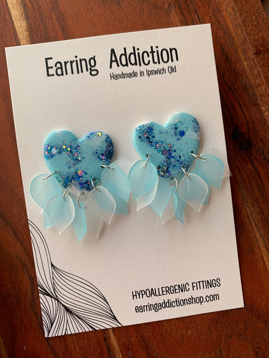 Blue 40mm glitter petal heart studs